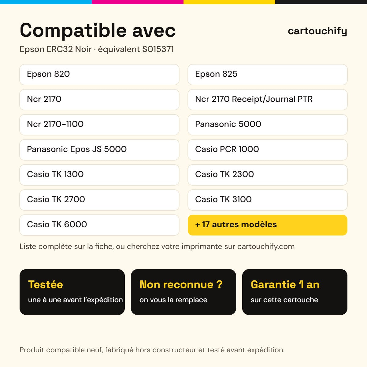 Imprimantes compatibles avec Epson ERC32 Ruban Noir compatible équivalent à S015371
