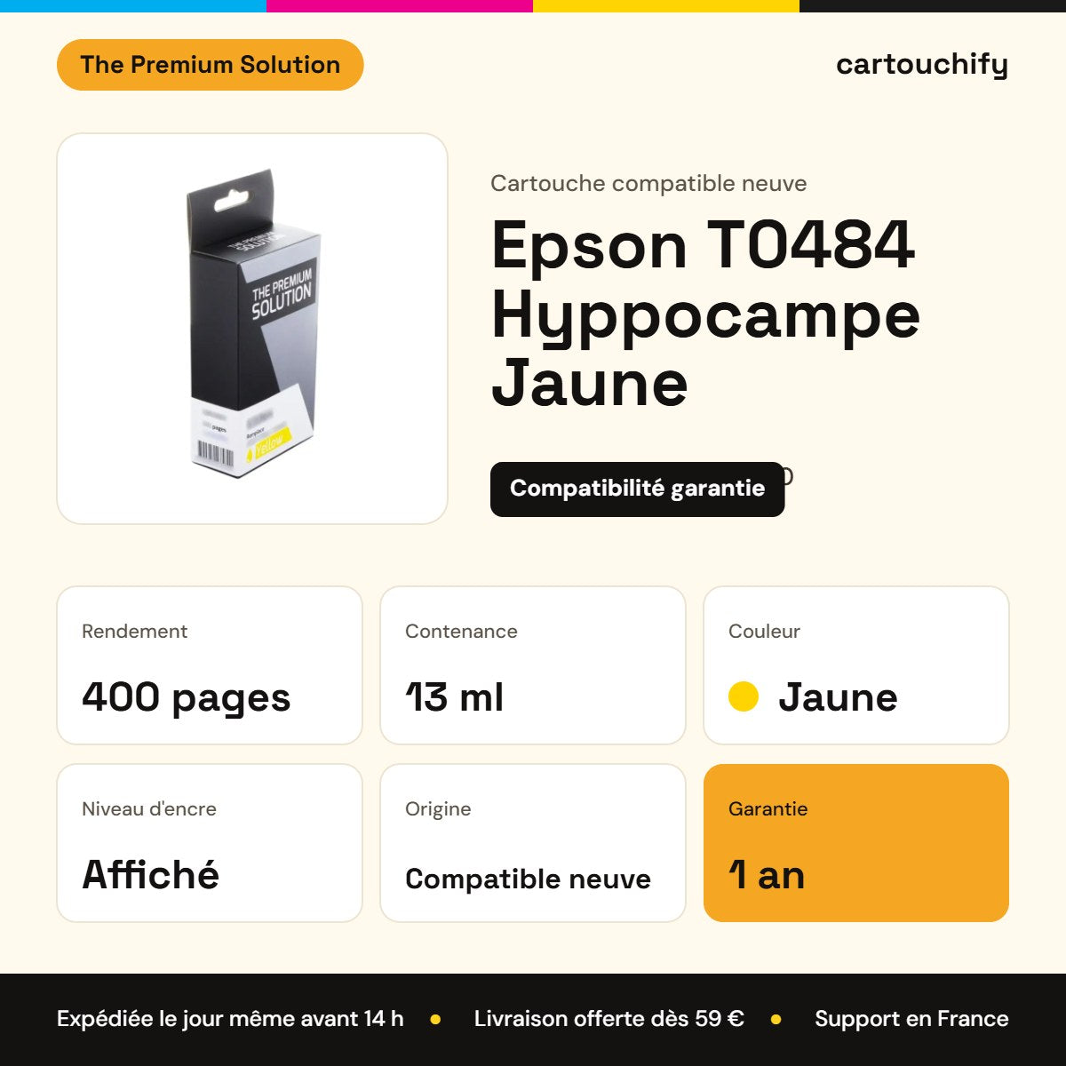 Epson T0484 Hyppocampe Cartouche Jaune compatible équivalent à C13T04844010 : caractéristiques
