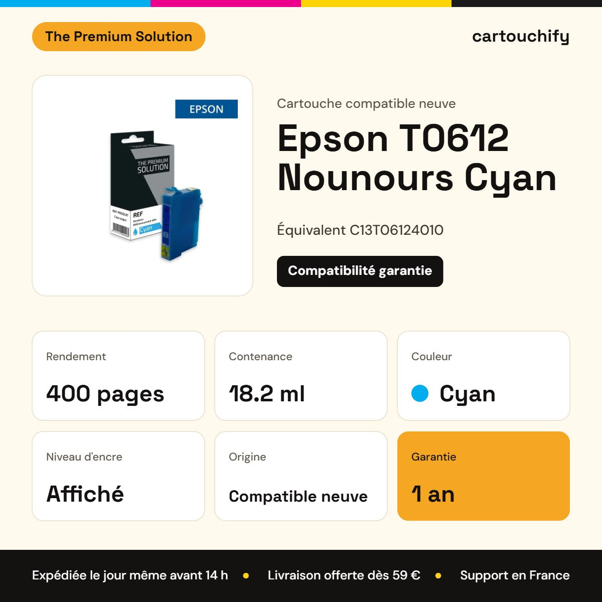 Epson T0612 Nounours Cartouche Cyan compatible équivalent à C13T06124010 : caractéristiques