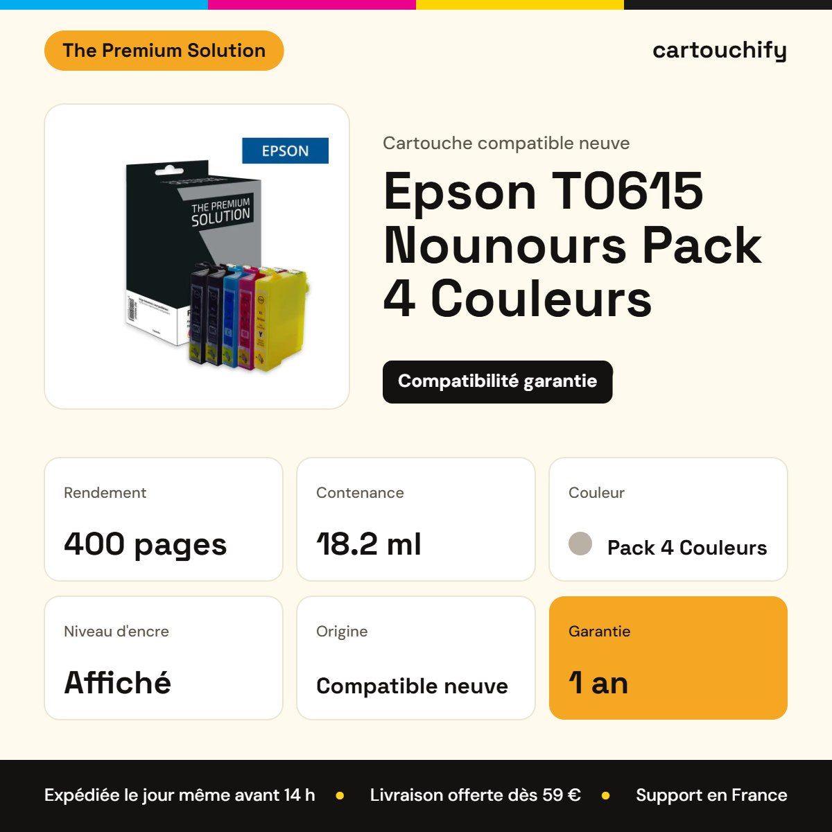 Epson T0615 Nounours Cartouche Pack 4 Couleurs compatible équivalent à C13T06154010 : caractéristiques