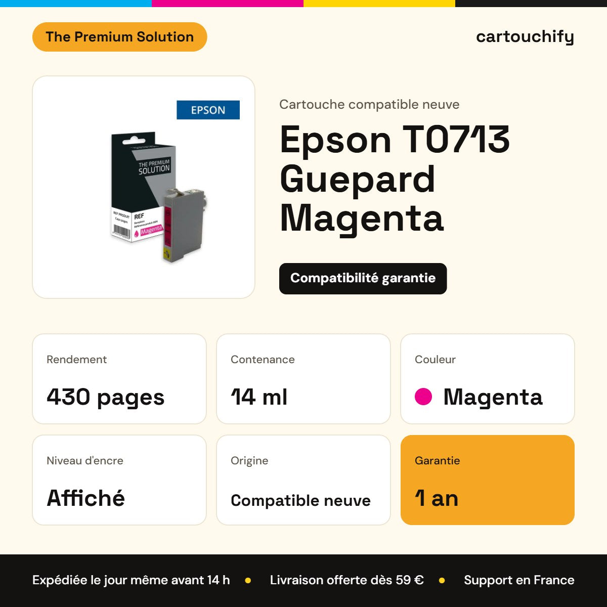 Epson T0713 Guepard Cartouche Magenta compatible équivalent à C13T07134011 : caractéristiques