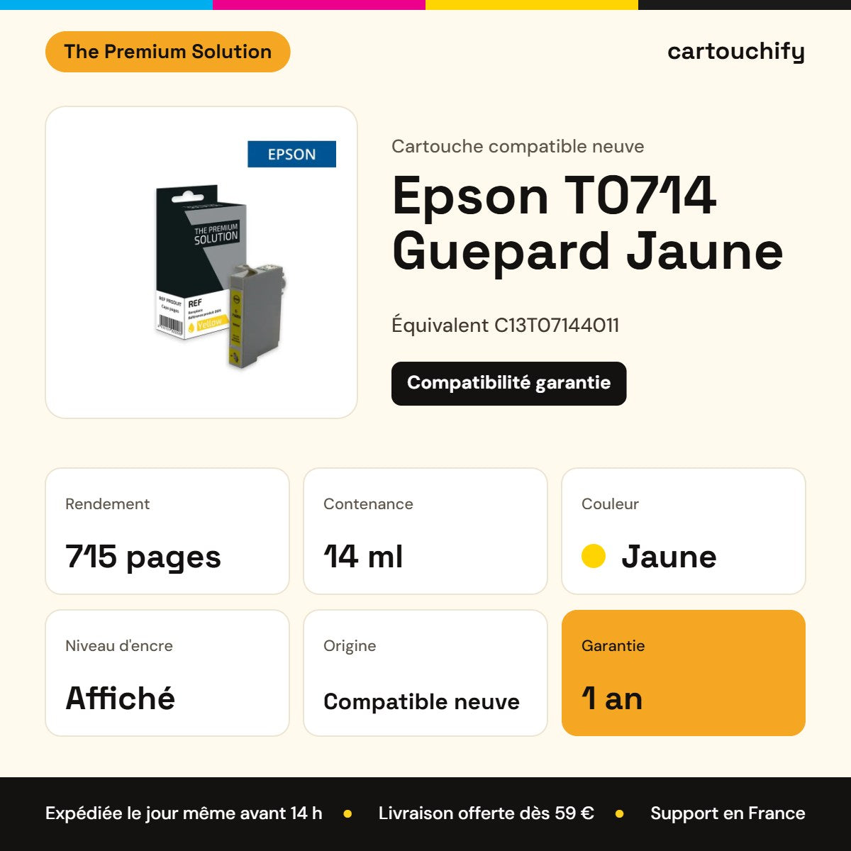 Epson T0714 Guepard Cartouche Jaune compatible équivalent à C13T07144011 : caractéristiques