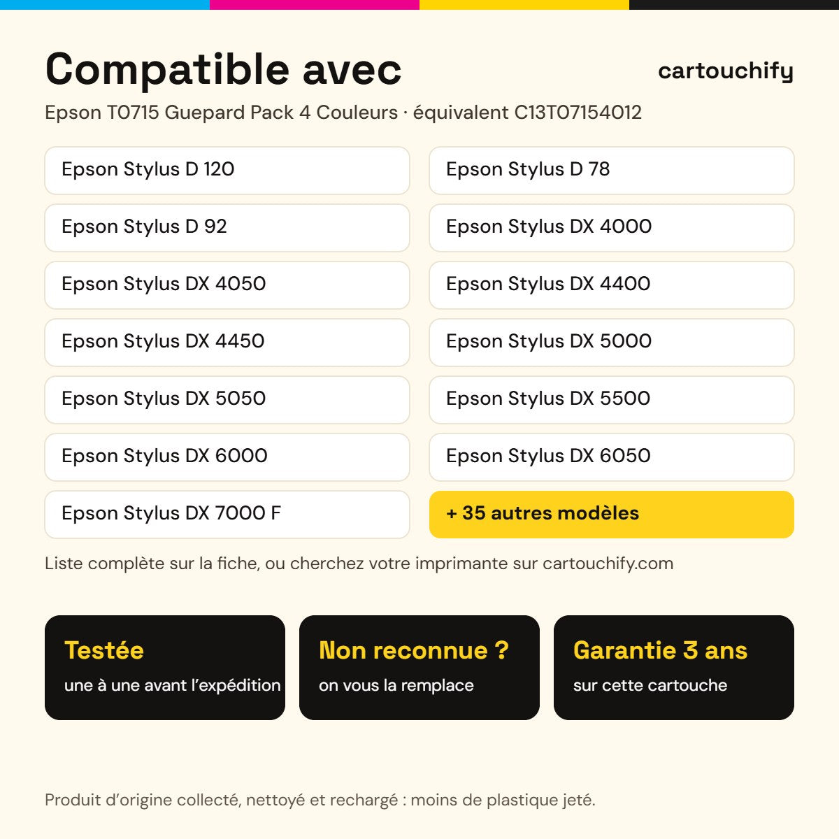 Imprimantes compatibles avec Epson T0715 Guepard Cartouche Pack 4 Couleurs remanufacturé équivalent à C13T07154012 · Switch RE