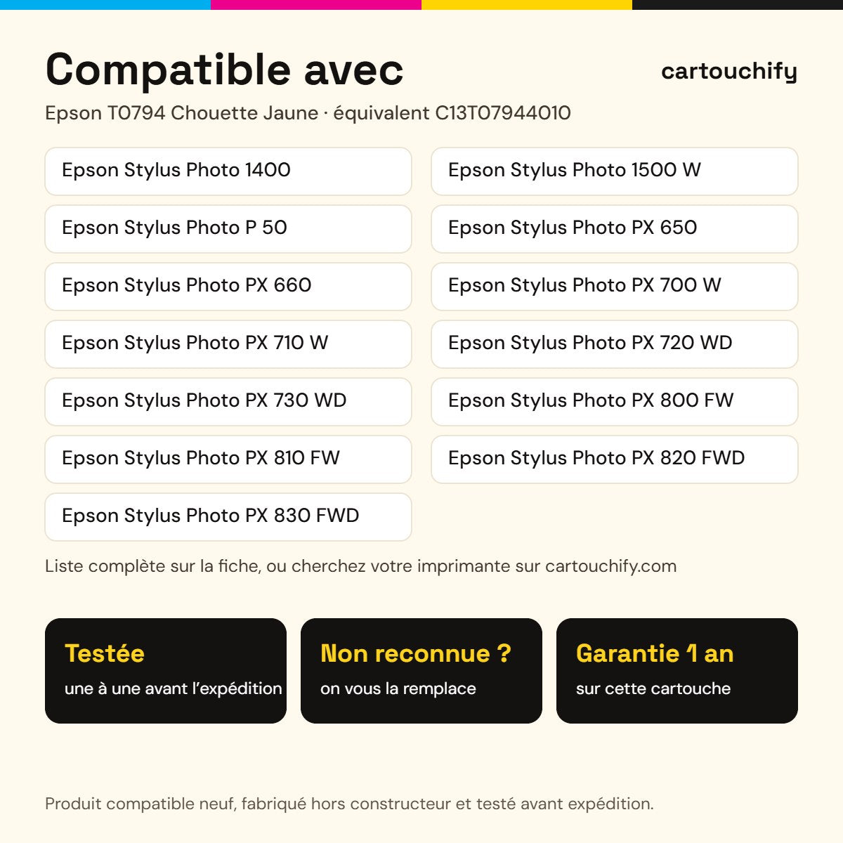 Imprimantes compatibles avec Epson T0794 Chouette Cartouche Jaune compatible équivalent à C13T07944010