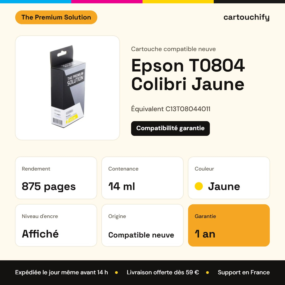 Epson T0804 Colibri Cartouche Jaune compatible équivalent à C13T08044011 : caractéristiques
