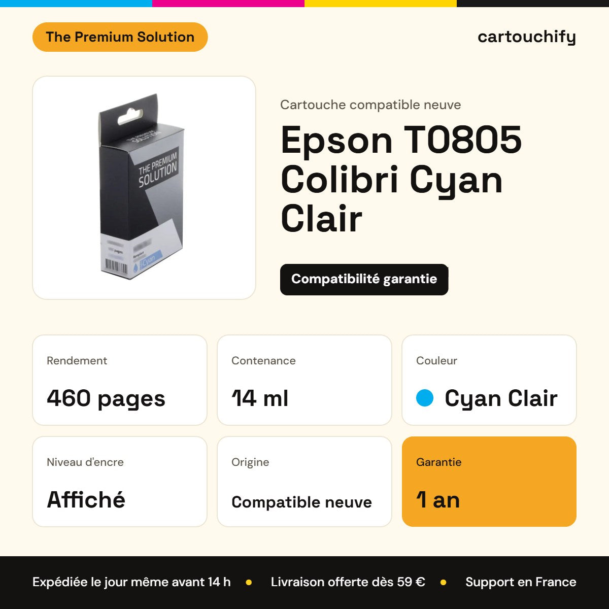 Epson T0805 Colibri Cartouche Light Cyan compatible équivalent à C13T08054011 : caractéristiques