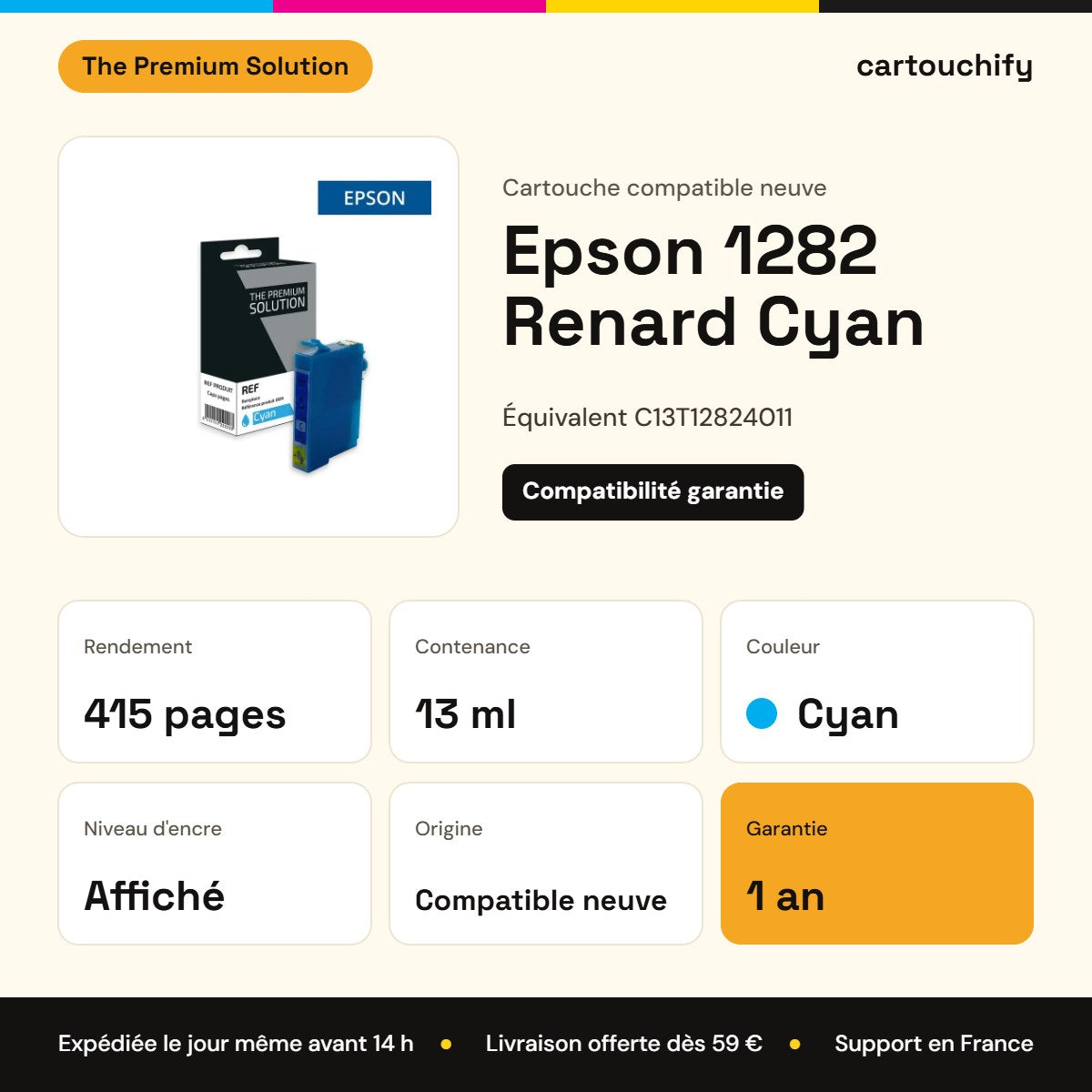Epson 1282 Renard Cartouche Cyan compatible équivalent à C13T12824011 : caractéristiques