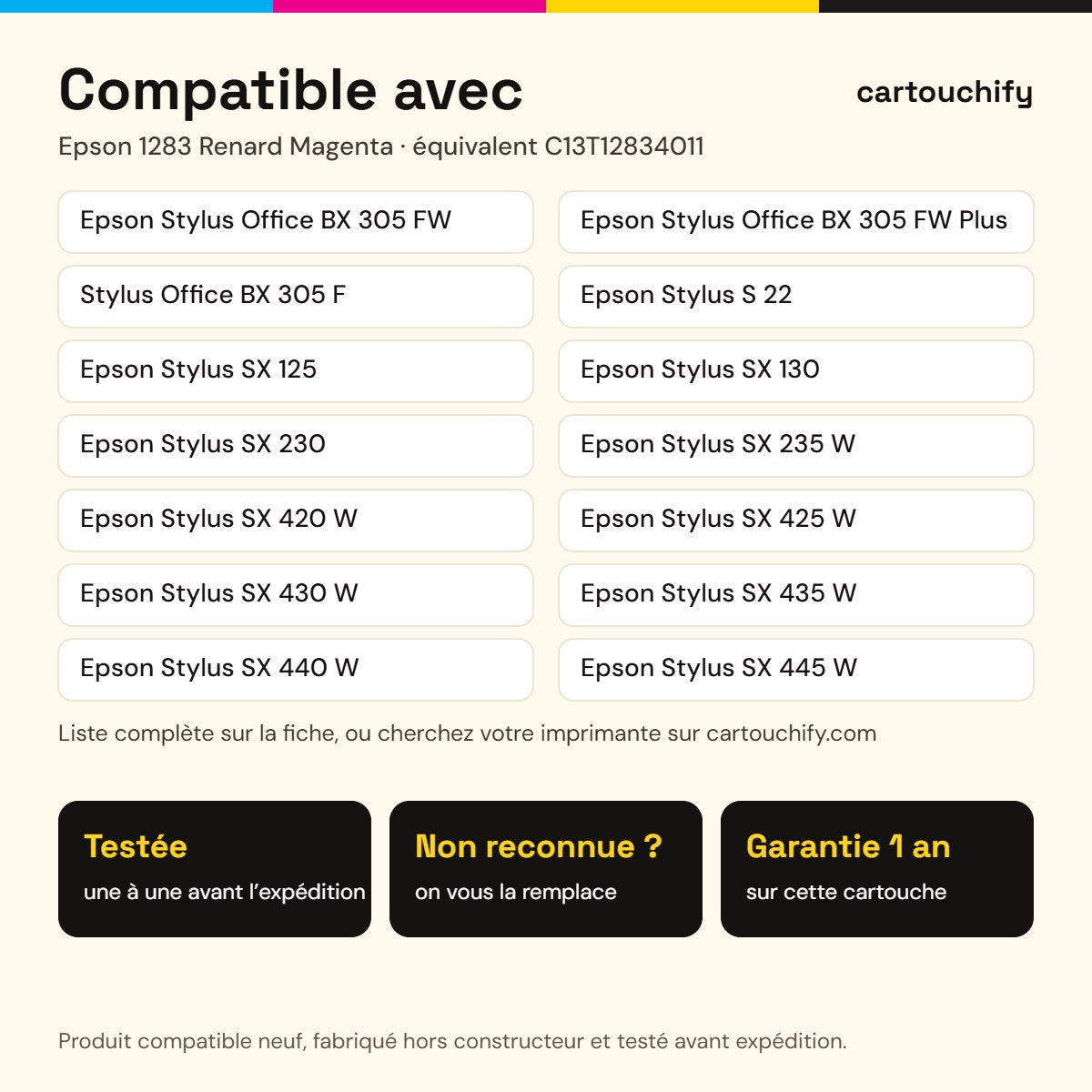 Imprimantes compatibles avec Epson 1283 Renard Cartouche Magenta compatible équivalent à C13T12834011