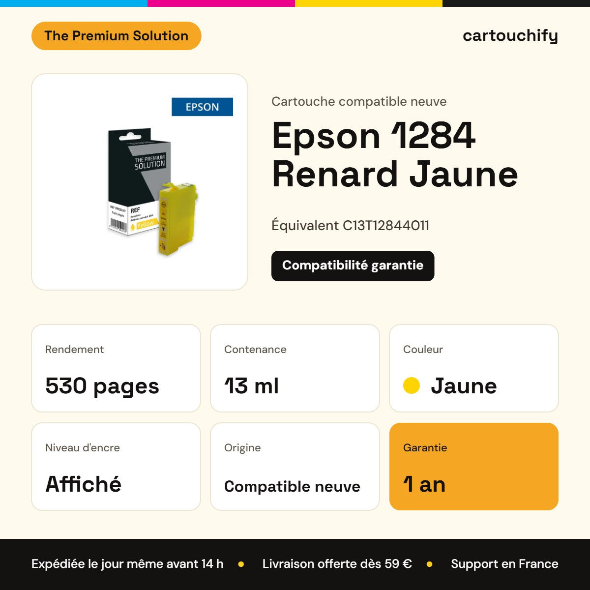 Epson 1284 Renard Cartouche Jaune compatible équivalent à C13T12844011 : caractéristiques