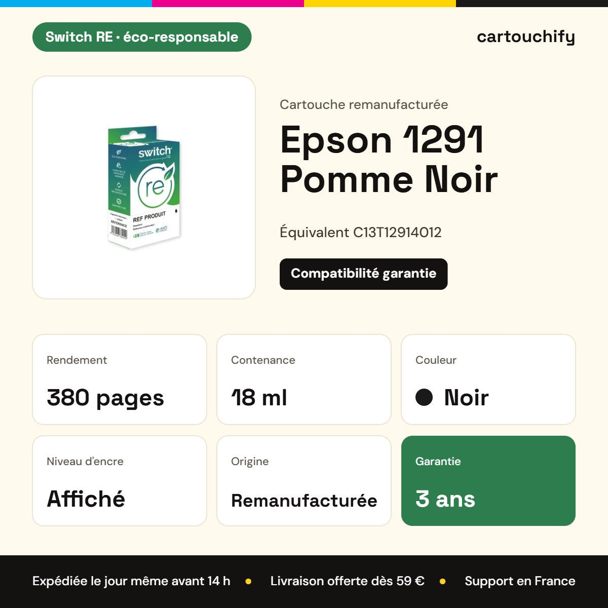 Epson 1291 Pomme Cartouche Noir remanufacturé équivalent à C13T12914012 · Switch RE : caractéristiques