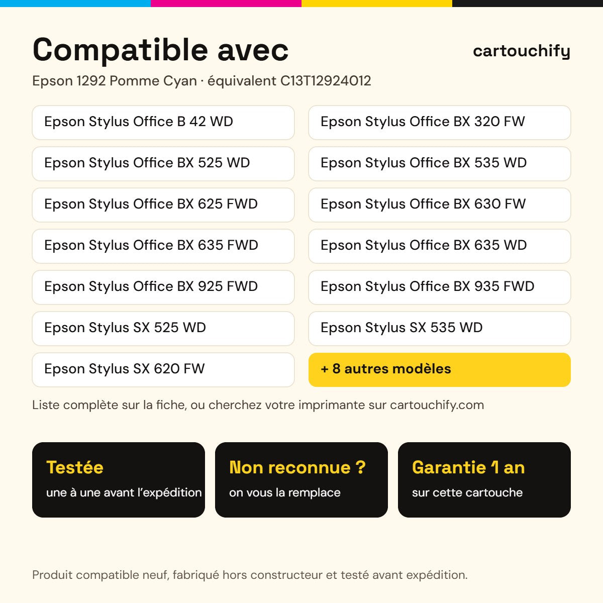 Imprimantes compatibles avec Epson 1292 Pomme Cartouche Cyan compatible équivalent à C13T12924012