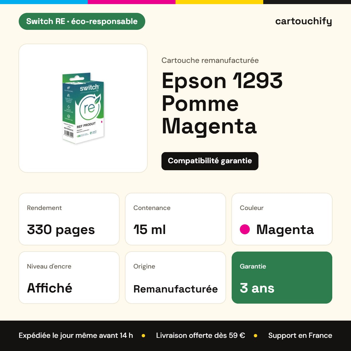 Epson 1293 Pomme Cartouche Magenta remanufacturé équivalent à C13T12934012 · Switch RE : caractéristiques