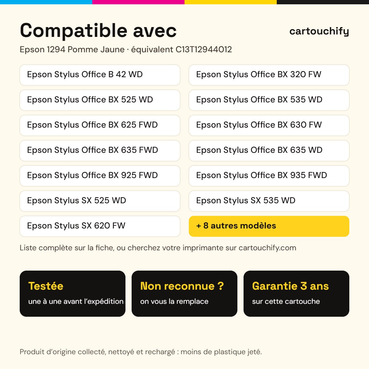 Imprimantes compatibles avec Epson 1294 Pomme Cartouche Jaune remanufacturé équivalent à C13T12944012 · Switch RE