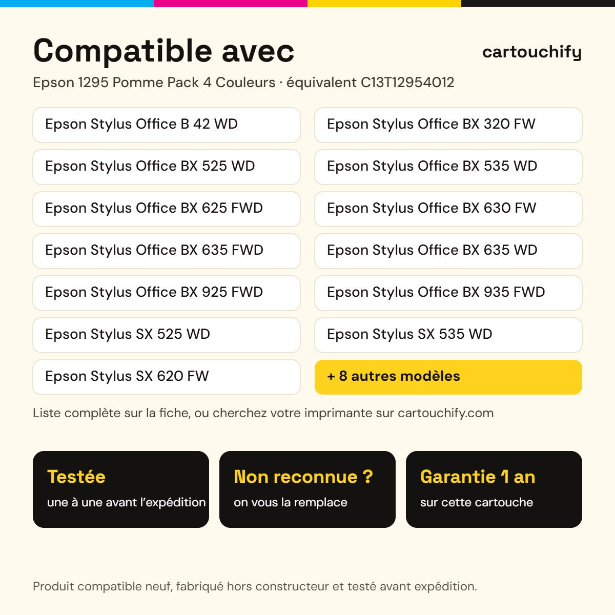Imprimantes compatibles avec Epson 1295 Pomme Cartouche Pack 4 Couleurs compatible équivalent à C13T12954012