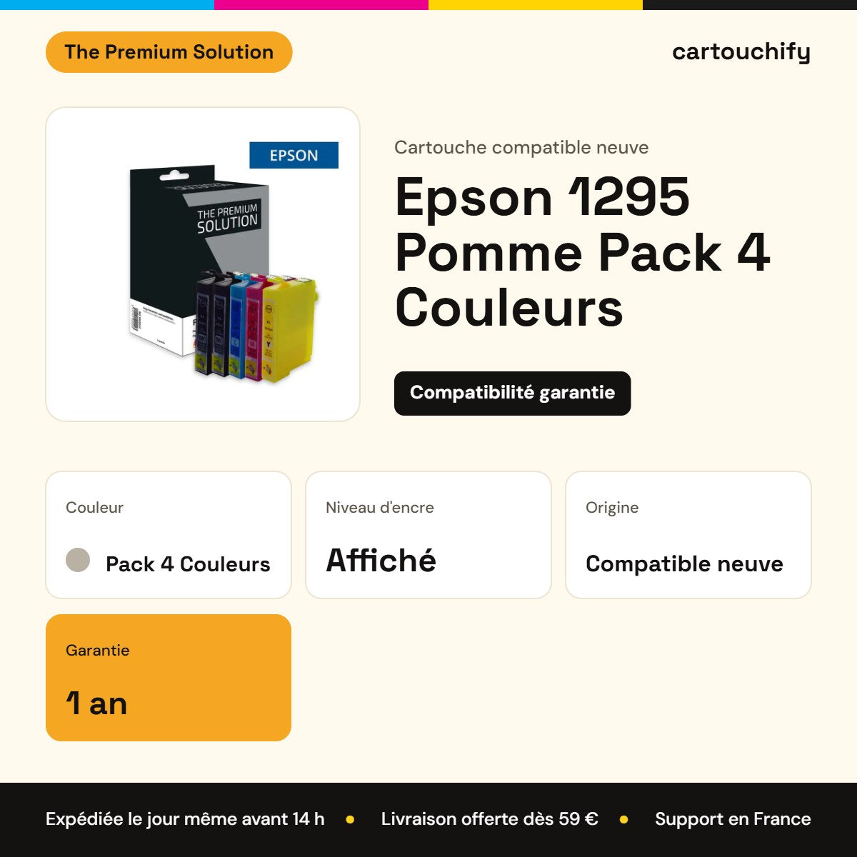Epson 1295 Pomme Cartouche Pack 4 Couleurs compatible équivalent à C13T12954012 : caractéristiques