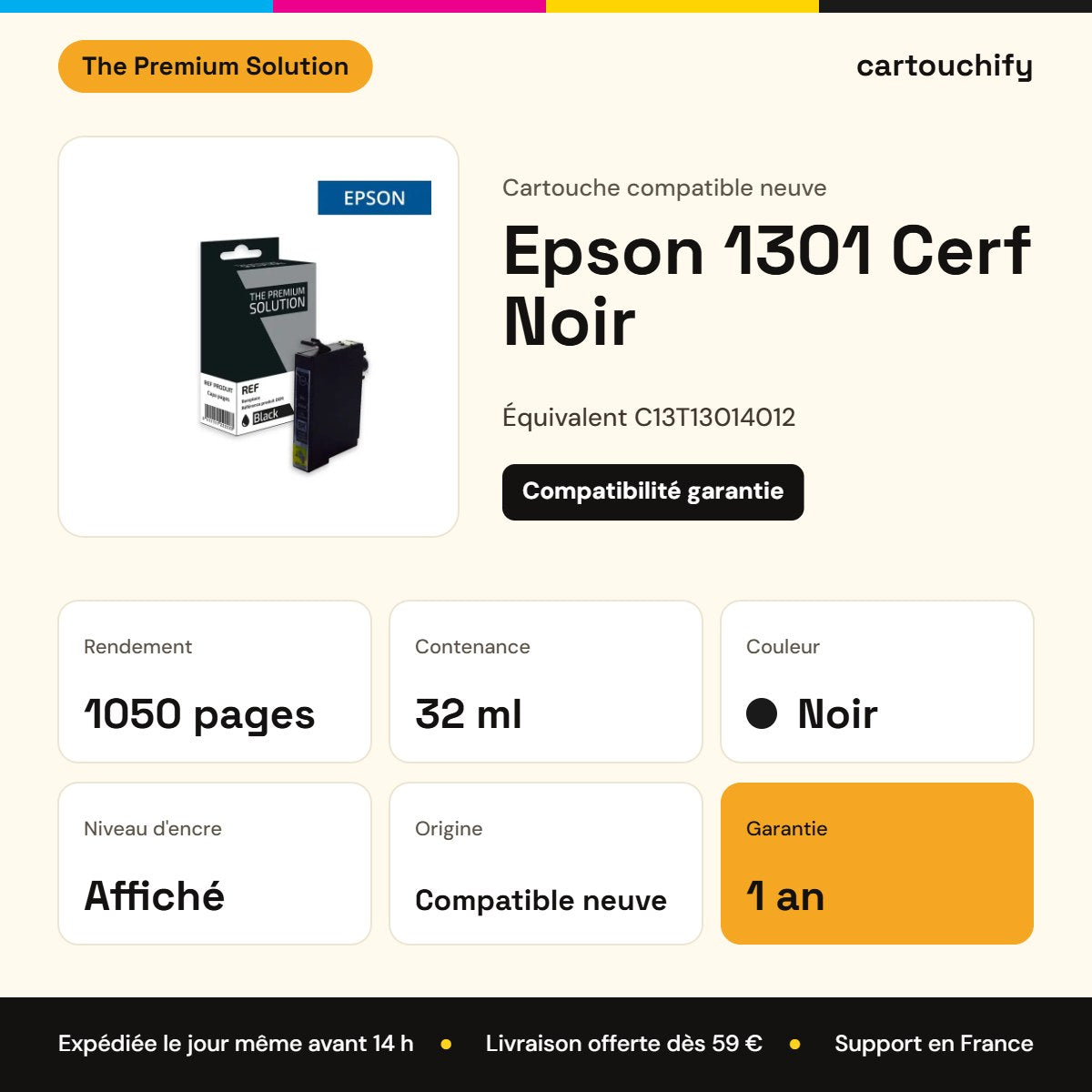 Epson 1301 Cerf Cartouche Noir compatible équivalent à C13T13014012 : caractéristiques