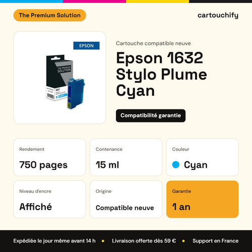 Epson 1632 Stylo Plume Cartouche Cyan compatible équivalent à C13T16324012 : caractéristiques