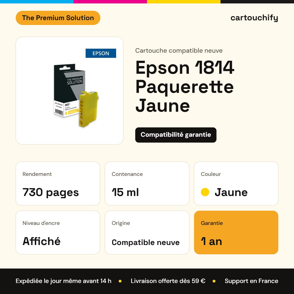 Epson 1814 Paquerette Jaune The Premium Solution : rendement 730 pages, 15 ml, garantie 1 an