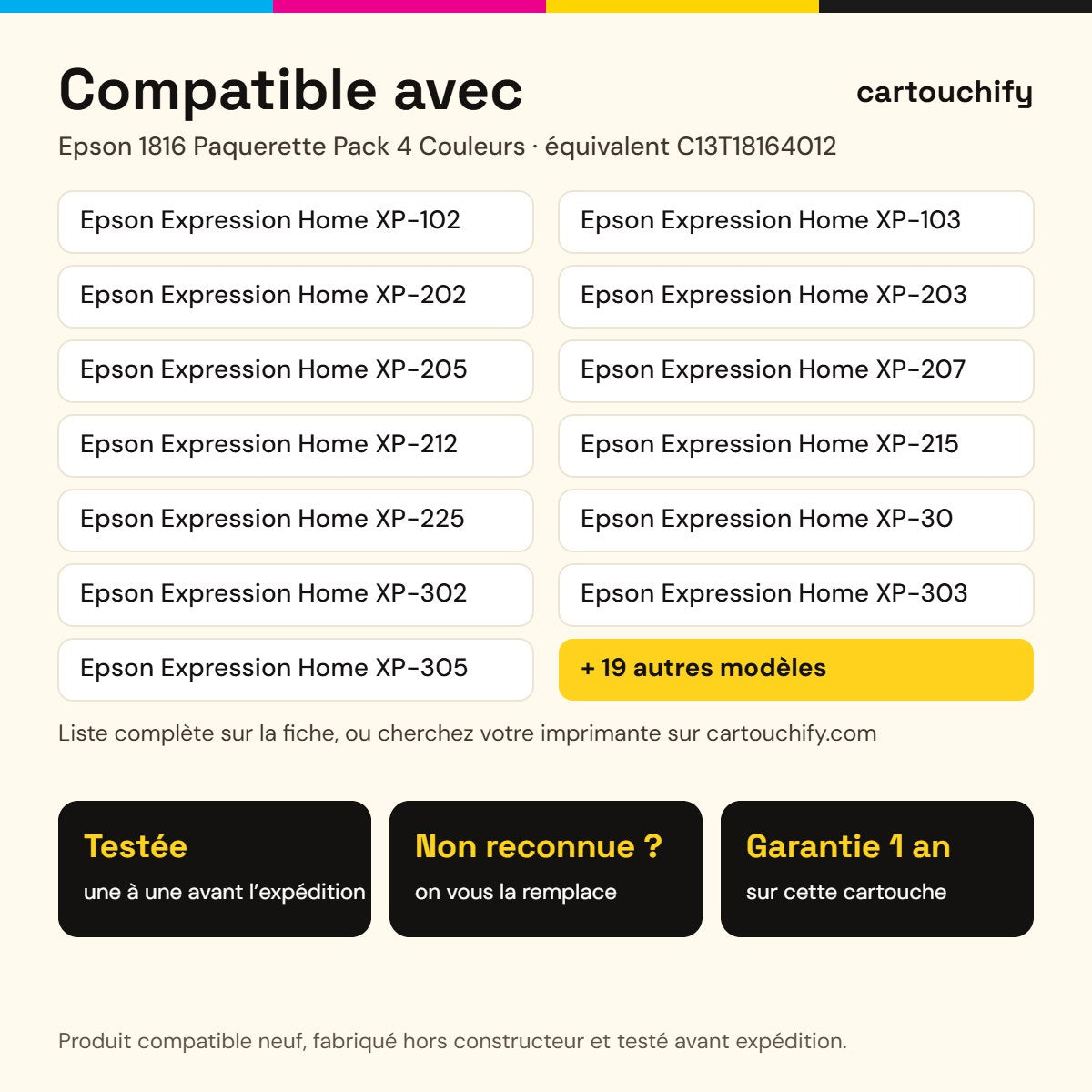 Imprimantes compatibles avec Epson 1816 Paquerette Cartouche Pack 4 Couleurs compatible équivalent à C13T18164012