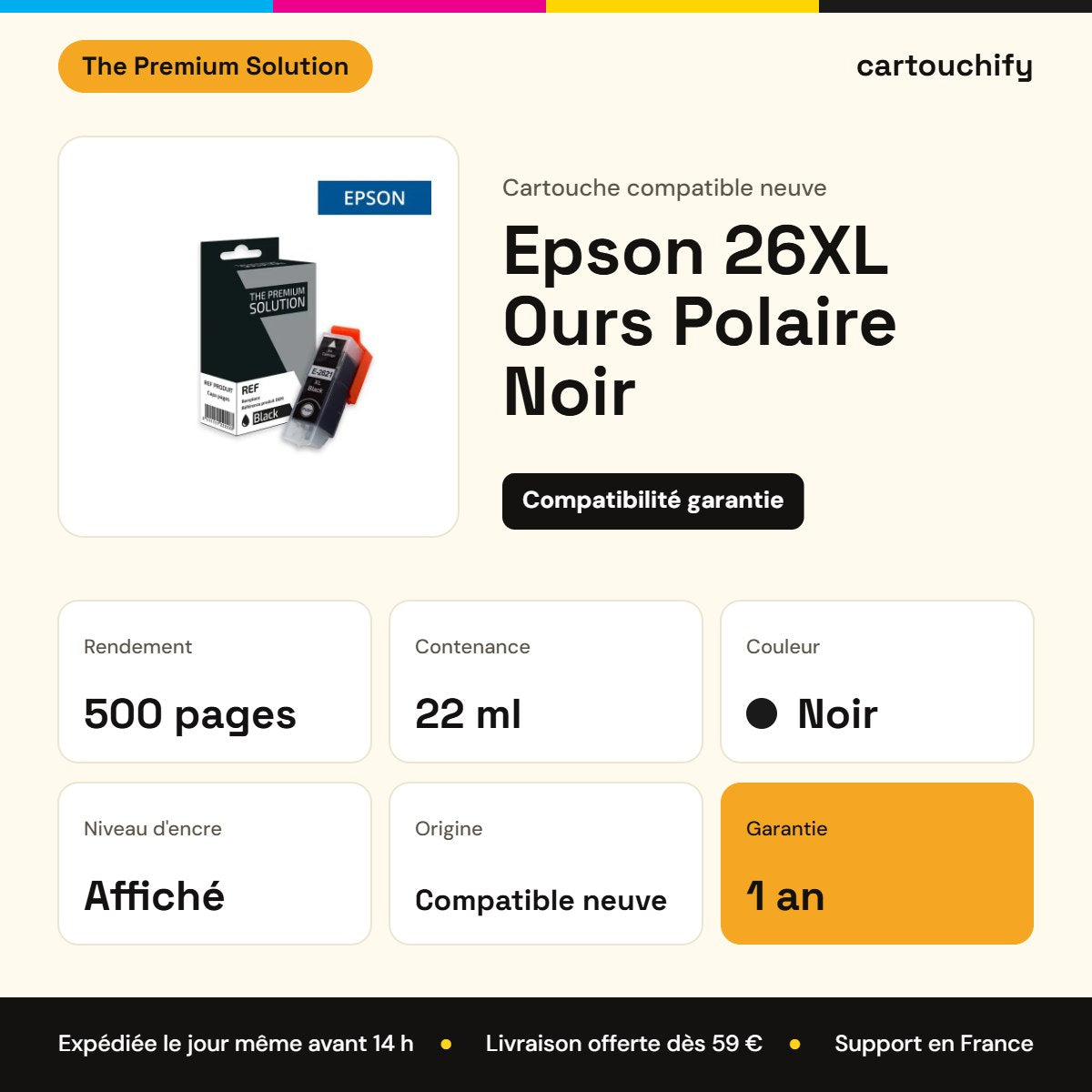 Epson 26XL Ours Polaire Cartouche Noir compatible équivalent à C13T26214012 : caractéristiques