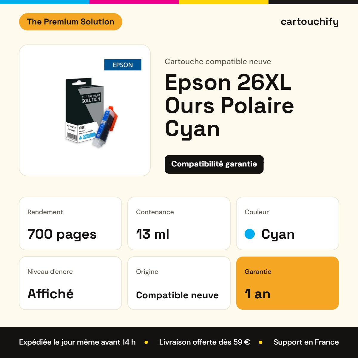 Epson 26XL Ours Polaire Cartouche Cyan compatible équivalent à C13T26324012 : caractéristiques
