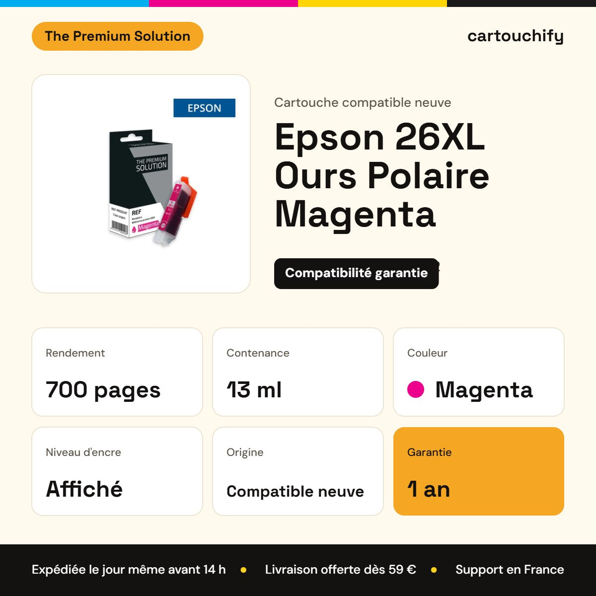 Epson 26XL Ours Polaire Cartouche Magenta compatible équivalent à C13T26334012 : caractéristiques
