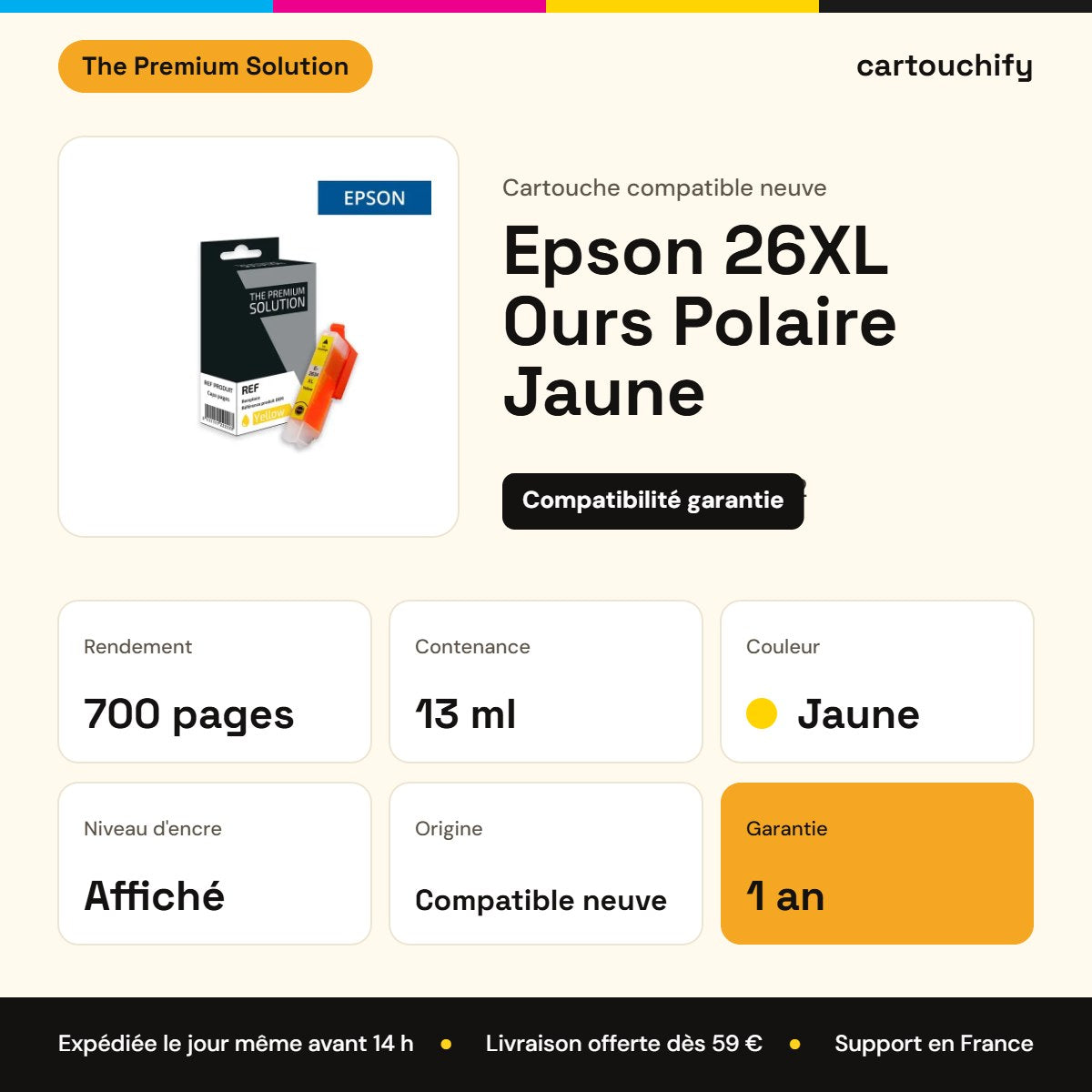 Epson 26XL Ours Polaire Cartouche Jaune compatible équivalent à C13T26344012 : caractéristiques