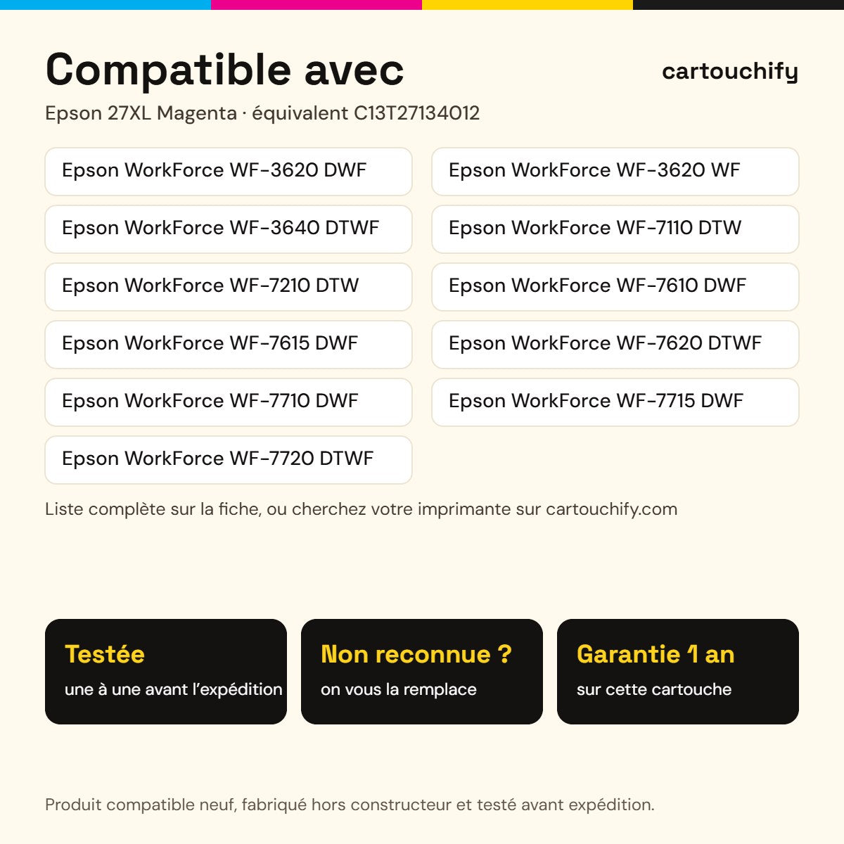 Imprimantes compatibles avec Epson 27XL Cartouche Magenta compatible équivalent à C13T27134012