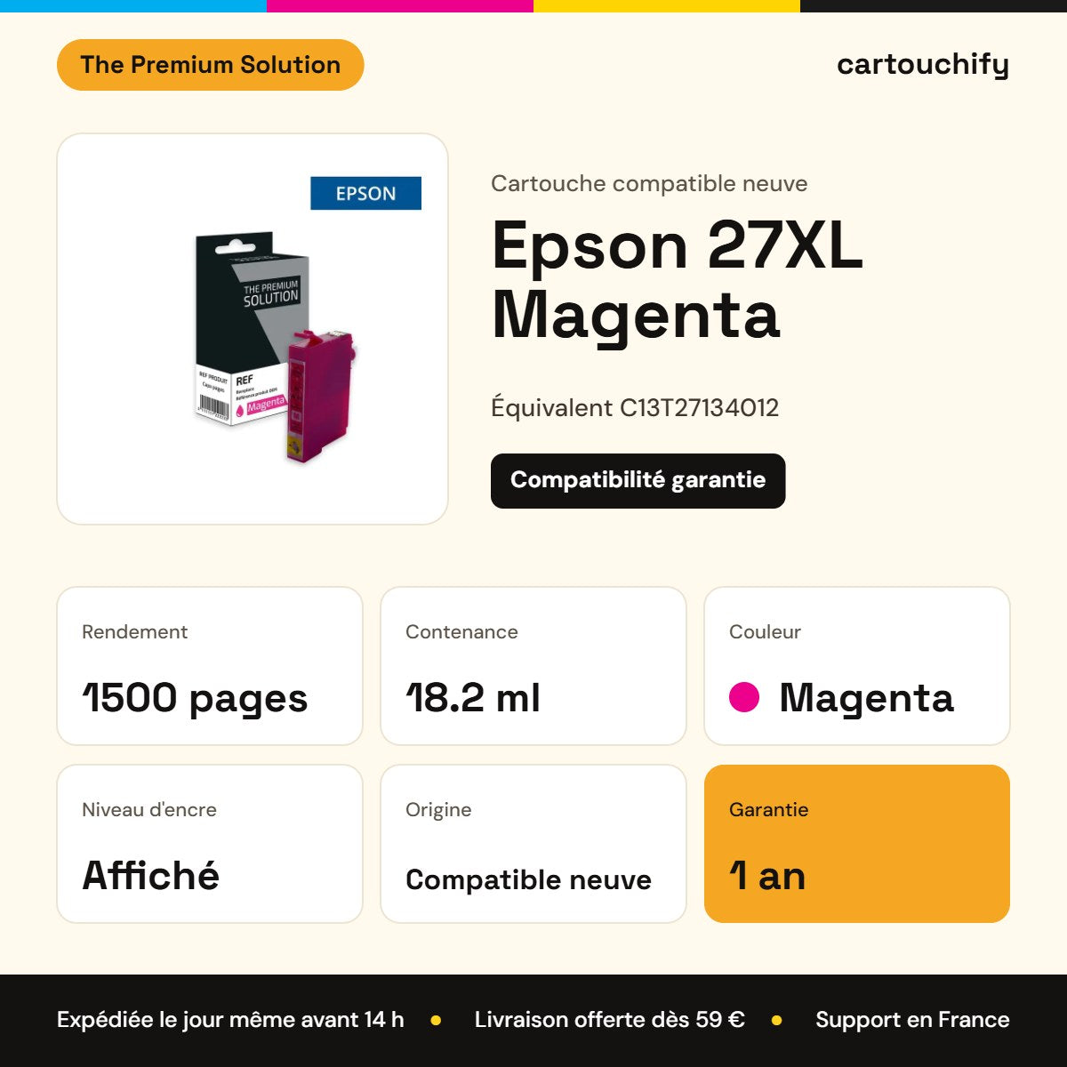 Epson 27XL Cartouche Magenta compatible équivalent à C13T27134012 : caractéristiques