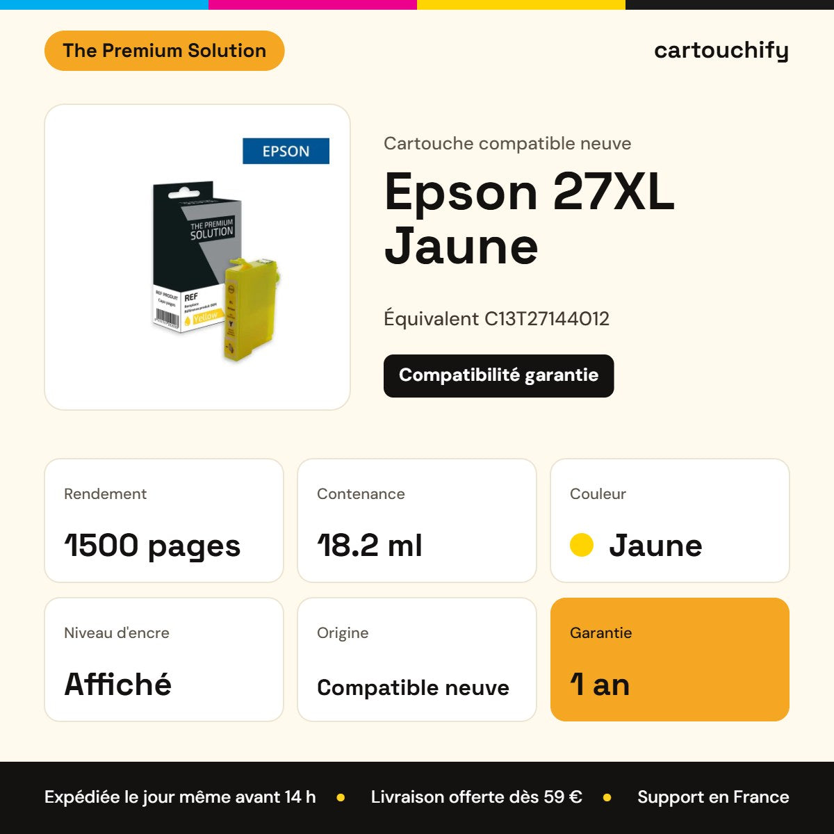 Epson 27XL Cartouche Jaune compatible équivalent à C13T27144012 : caractéristiques