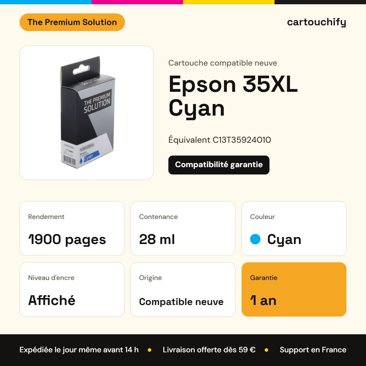 Epson 35XL Cartouche Cyan compatible équivalent à C13T35924010 : caractéristiques