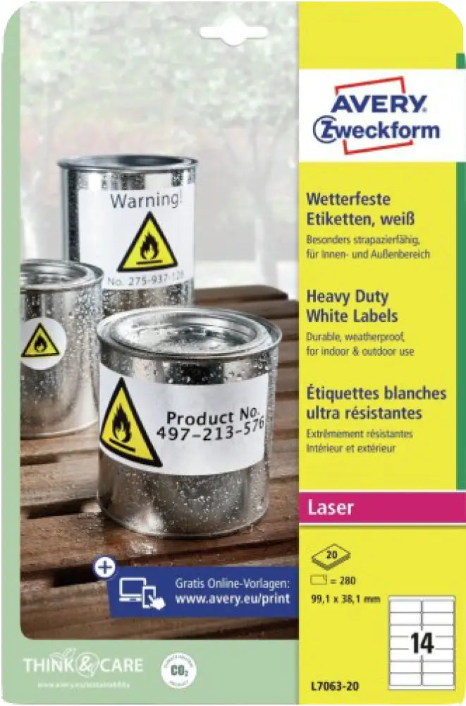 Étiquettes AVERY Etiquettes résistantes aux intempéries 99.1x38.1mm (L7063-20) Blanc - Zweckform