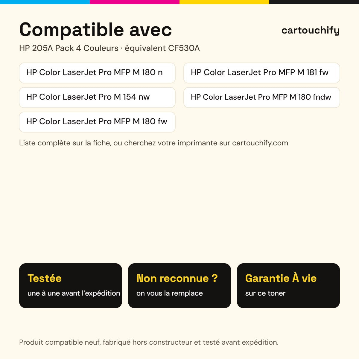 Imprimantes compatibles avec HP 205A Toner Pack 4 Couleurs compatible équivalent à CF530A, CF531A, CF532A · Switch
