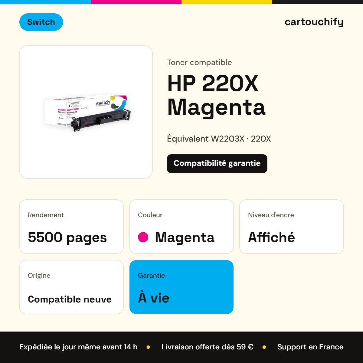 HP 220X Toner Magenta compatible équivalent à W2203X · Switch : caractéristiques