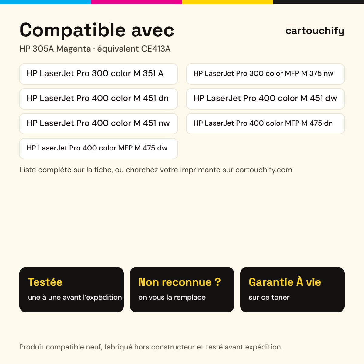 Imprimantes compatibles avec HP 305A Toner Magenta compatible équivalent à CE413A · Switch