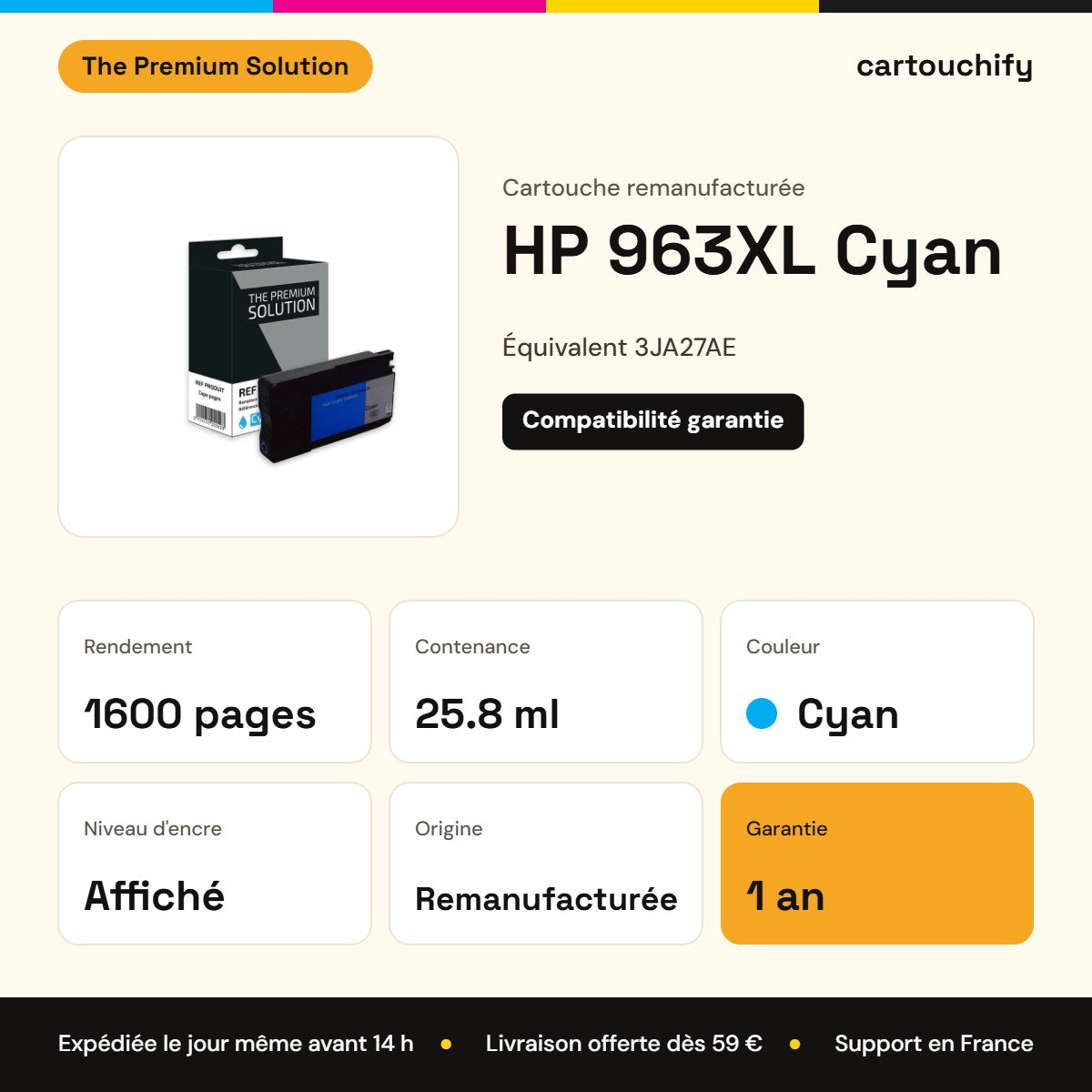 HP 963XL Cartouche Cyan remanufacturé équivalent à 3JA27AE : caractéristiques