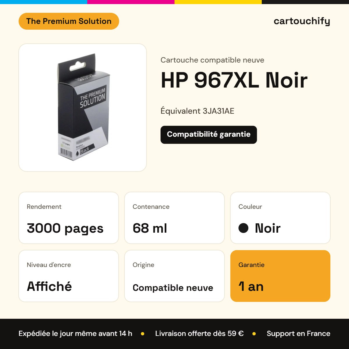 HP 967XL Cartouche Noir compatible équivalent à 3JA31AE : caractéristiques