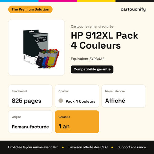 HP 912XL Pack 4 Couleurs The Premium Solution : rendement 825 pages, garantie 1 an