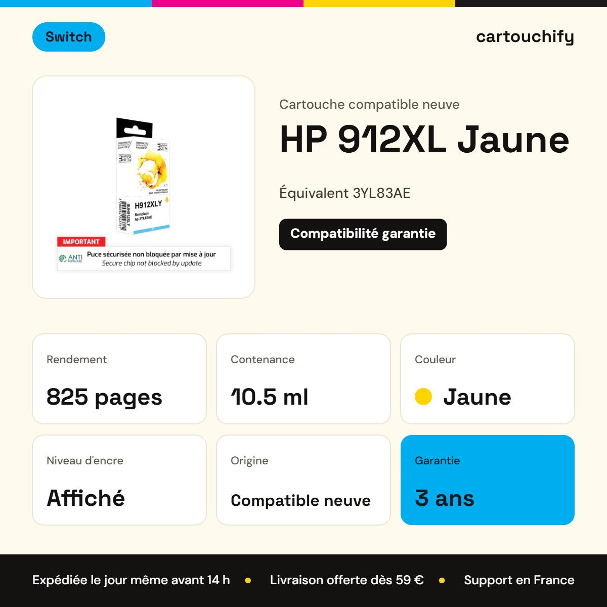 HP 912XL Cartouche Jaune compatible équivalent à 3YL83AE · Switch : caractéristiques