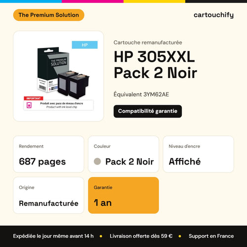 HP 305XXL Pack 2 Noir The Premium Solution : rendement 687 pages, garantie 1 an