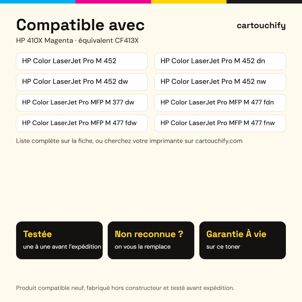 Imprimantes compatibles avec HP 410X Toner Magenta compatible équivalent à CF413X · Switch