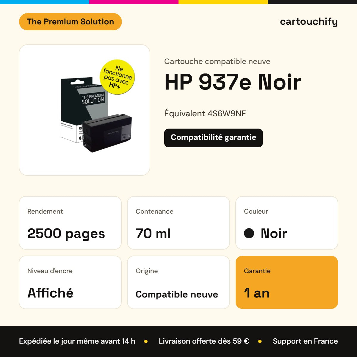 HP 937e Cartouche Noir compatible équivalent à 4S6W9NE : caractéristiques