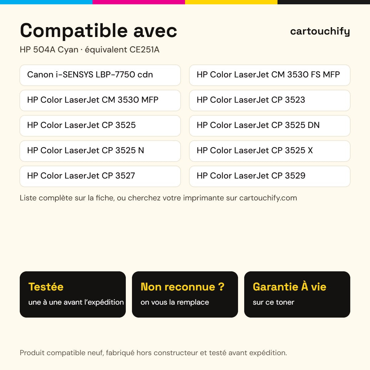 Imprimantes compatibles avec HP 504A Toner Cyan compatible équivalent à CE251A, 2643B002, 723 · Switch