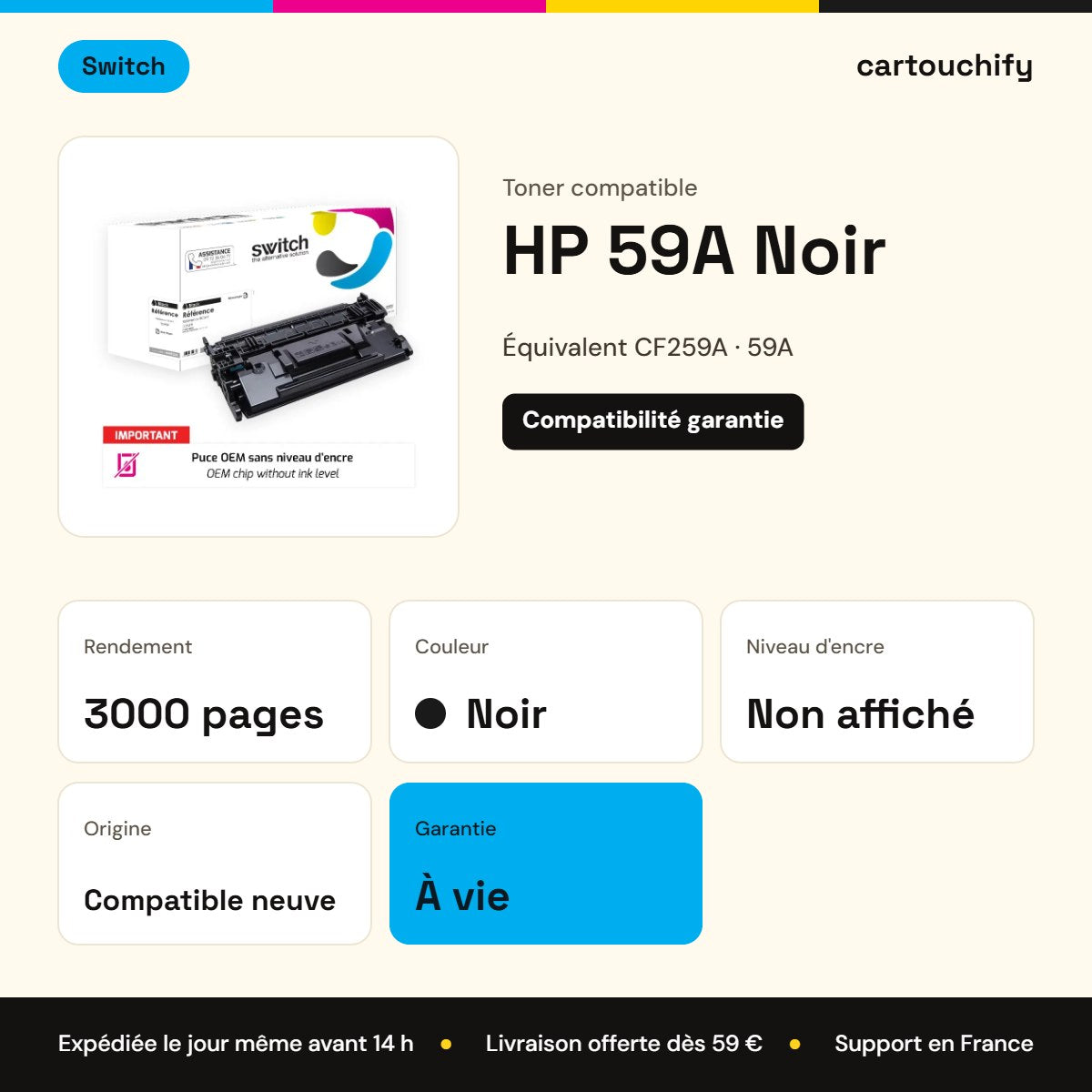 HP 59A Noir Switch : rendement 3000 pages, garantie à vie