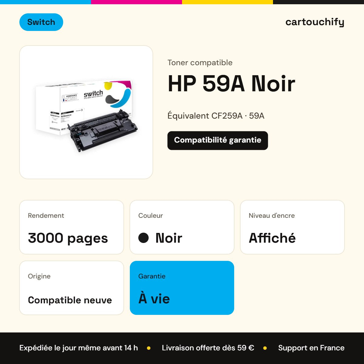 HP 59A Noir Switch : rendement 3000 pages, garantie à vie