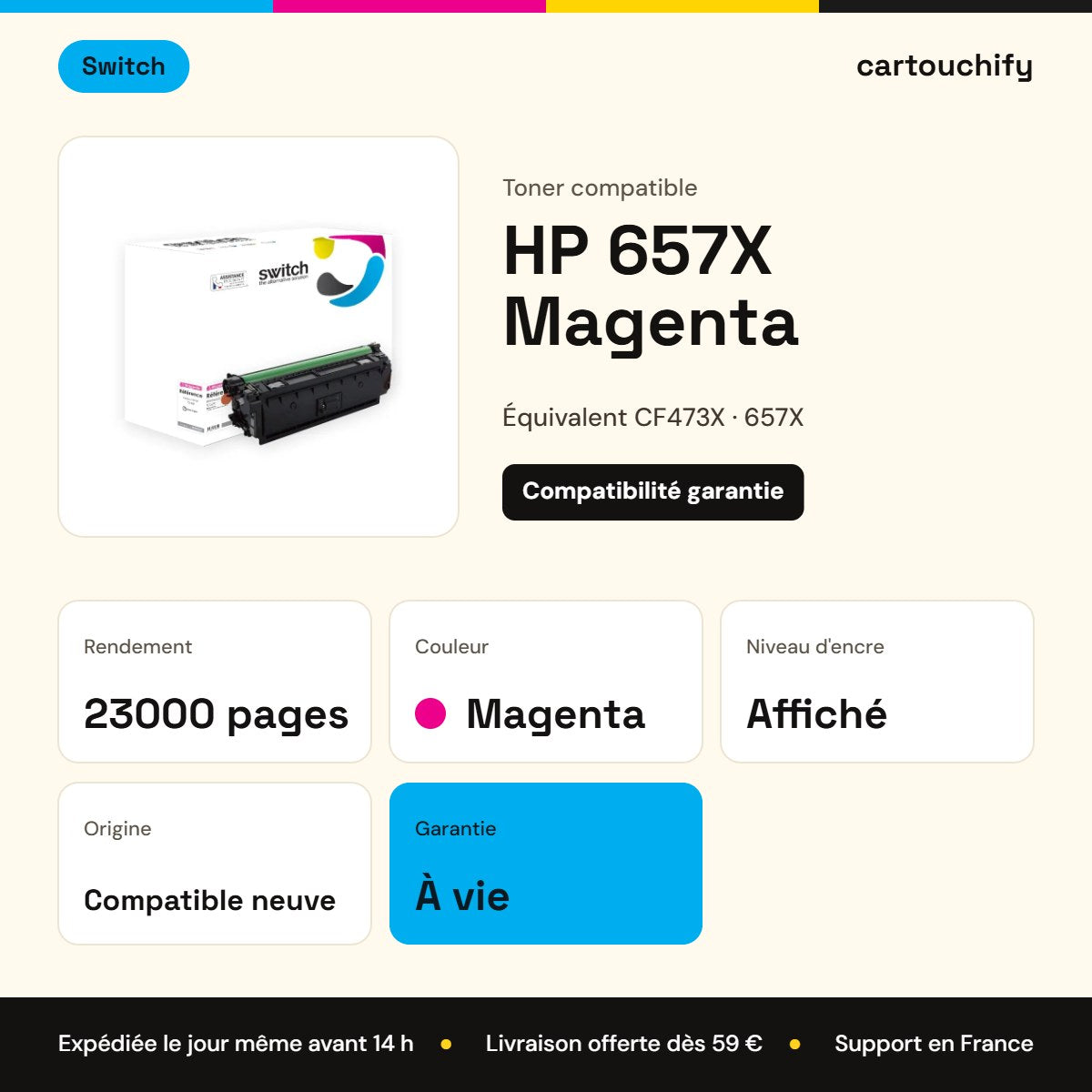HP 657X Toner Magenta compatible équivalent à CF473X · Switch : caractéristiques