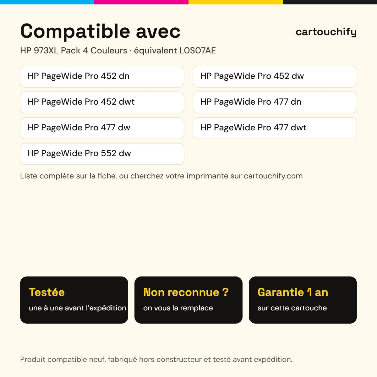 Imprimantes compatibles avec HP 973XL Cartouche Pack 4 Couleurs compatible équivalent à L0S07AE, F6T81AE, F6T82AE