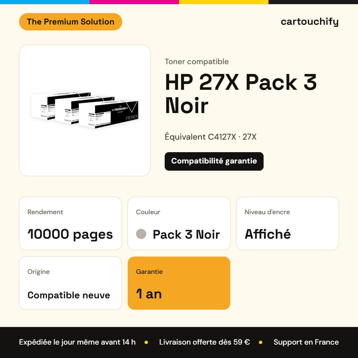 HP 27X Toner Pack 3 Noir compatible équivalent à C4127X, EP52 : caractéristiques