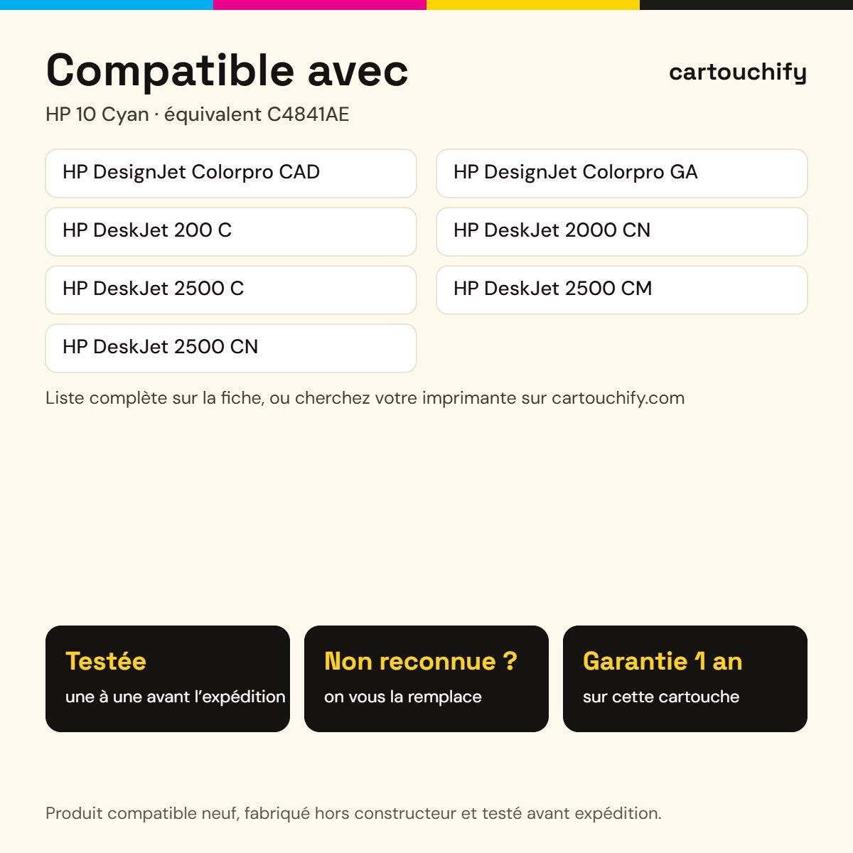 Imprimantes compatibles avec HP 10 Cartouche Cyan compatible équivalent à C4841AE