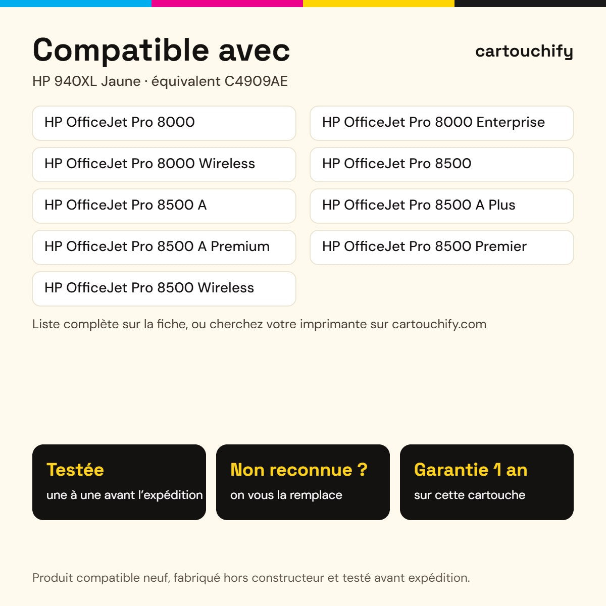 Imprimantes compatibles avec HP 940XL Cartouche Jaune compatible équivalent à C4909AE